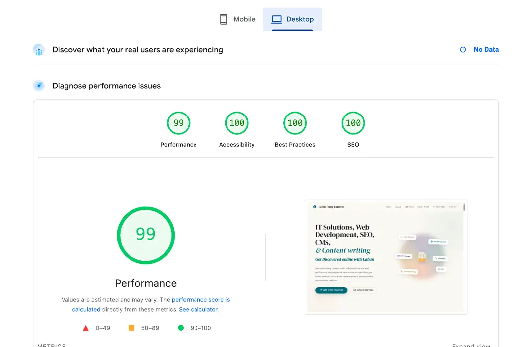 PageSpeed Insights desktop report showing high website performance, accessibility, best practices, and SEO scores