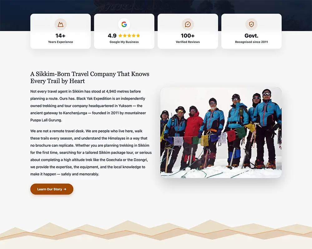 partial trekking company website section with review stats, introduction text, team photo, and a Learn Our Story button